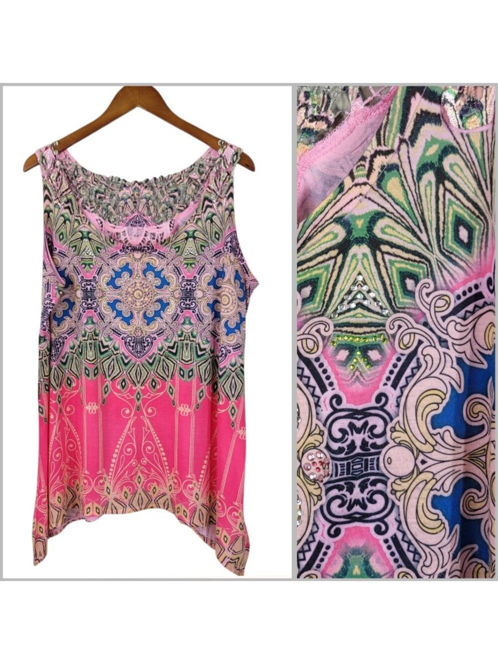 Vintage Y2K Top Plus Size 18/20 2X Art Studded Lace Pink Tank Assymetric